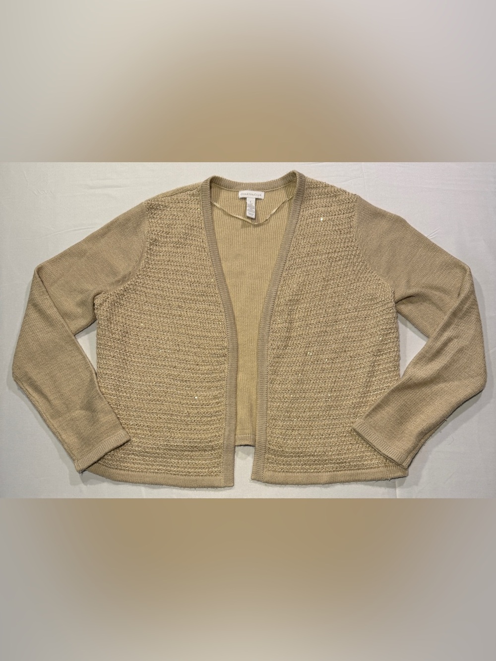 Women’s Charter Club Large Knit Cardigan Sweater Beige Open Front Textured